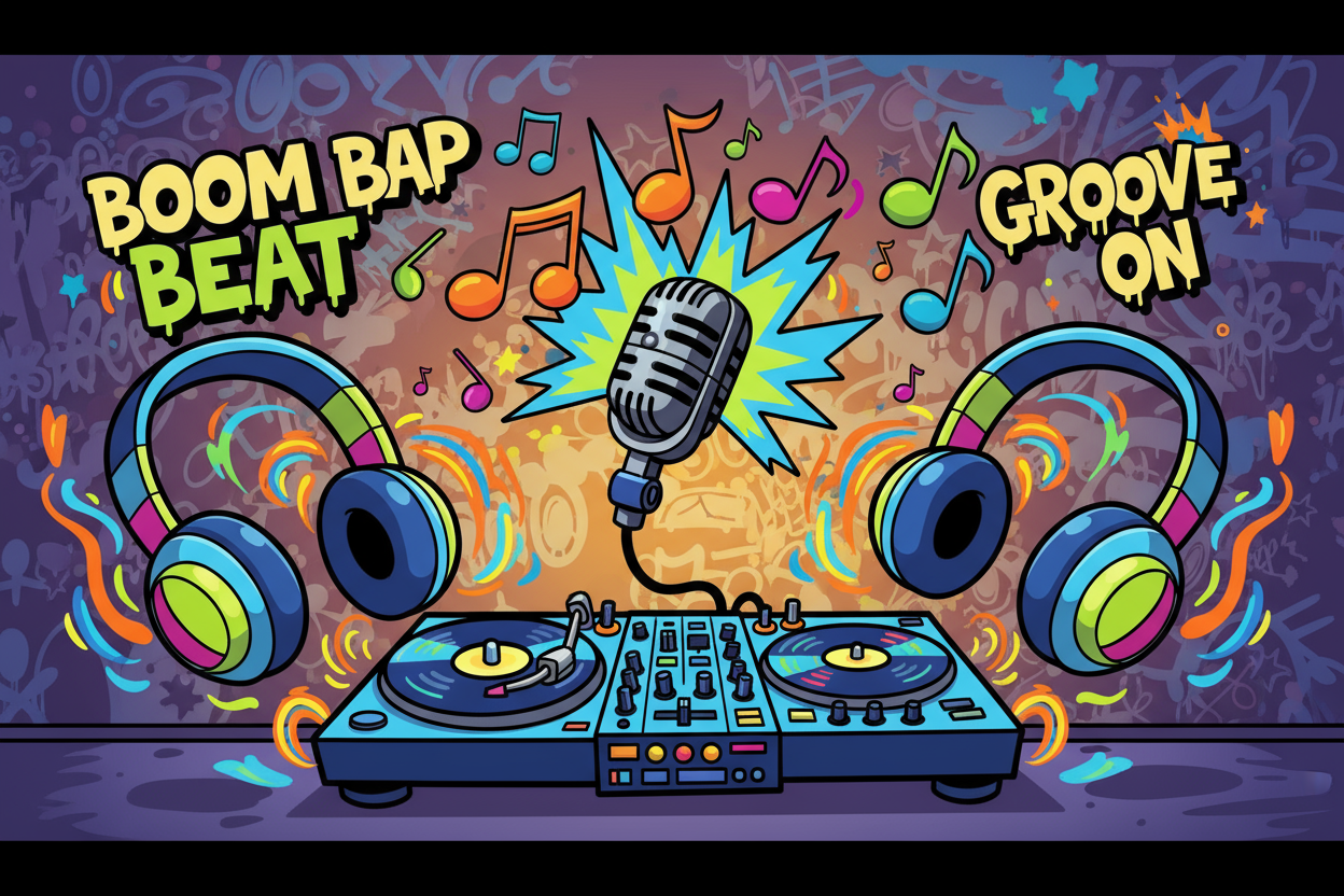 maak een cartoon van een rapbeat afbeelding moet  3234 × 2160 zijn